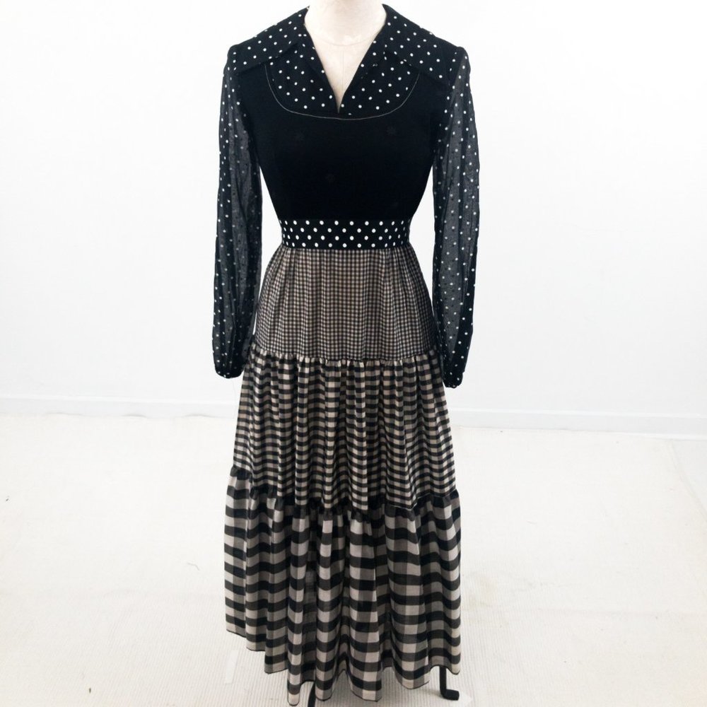 SOLD Vintage 70s S Prairie Check Print Maxi Dress Black - Picture 10 of 10